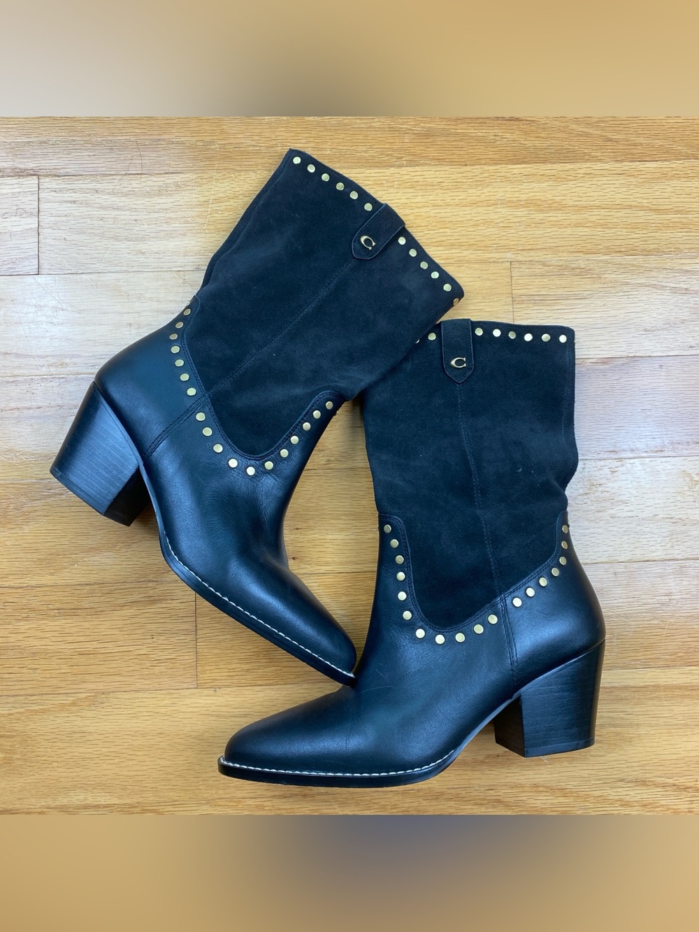 COACH Pheobe Suede Leather Black Bootie gold studded size 8